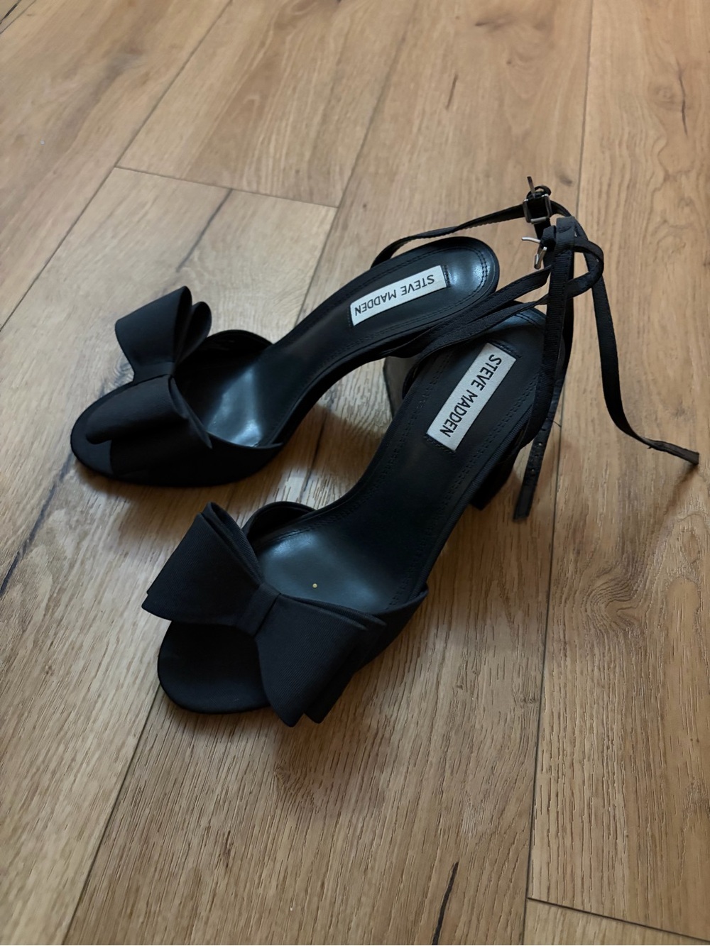 Steve Madden Black Bow Ankle-Tie Open-Toe Heels